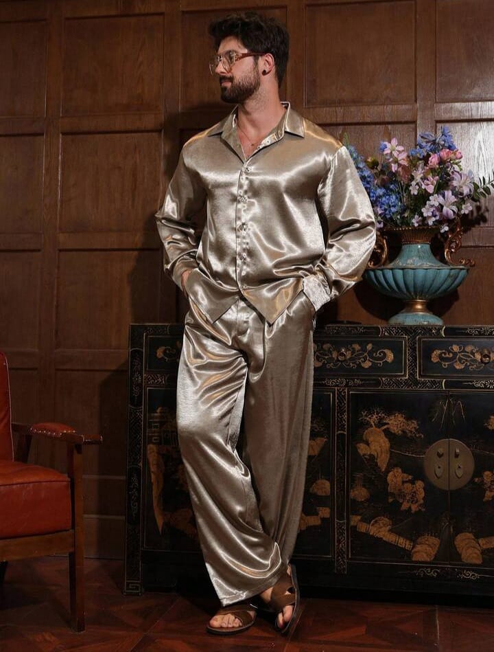 DAZY Men's Gold Satin Long Sleeve Shirt And Pants Set Vacation Casual Style Spring / Summer